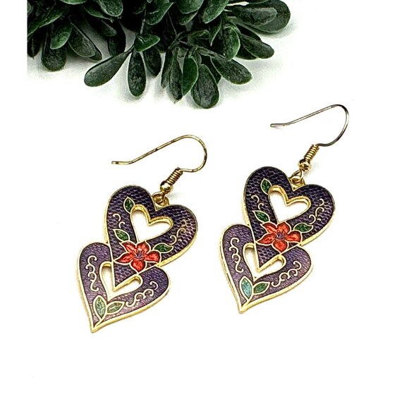 Vintage Style Cloisonne Purple Heart-Shaped Dangle Earrings With Floral Design - Picture 4 of 4